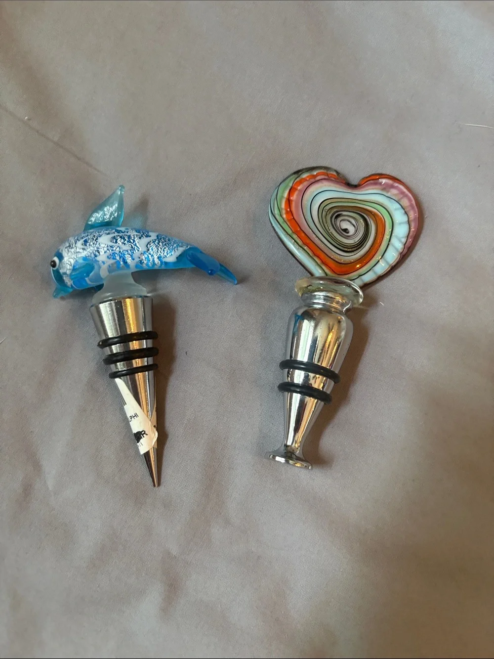 Glass Dolphin and Heart Wine Bottle Stoppers - Blue and Multicolor
